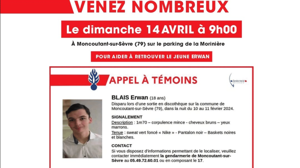 Disparition d'Erwan dans les Deux-Sèvres : une battue citoyenne organisée le 14 avril
Les proches du disparu lancent un appel à la mobilisation sur les réseaux sociaux. Le jeune homme de 18 ans a disparu le 11 février, à la sortie d'une boîte de nuit.