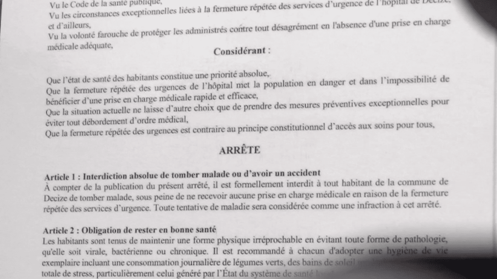 Nièvre : des arrêtés municipaux interdisant de tomber malade pour protester contre les déserts médicaux
Dans la Nièvre, pour protester contre le fait que la commune de Decize soit devenue un désert médical, un arrêté municipal a été pris interdisant aux habitants de tomber malade ou d'avoir un accident. Une vingtaine de communes du département a imité Decize en publiant le même arrêté.